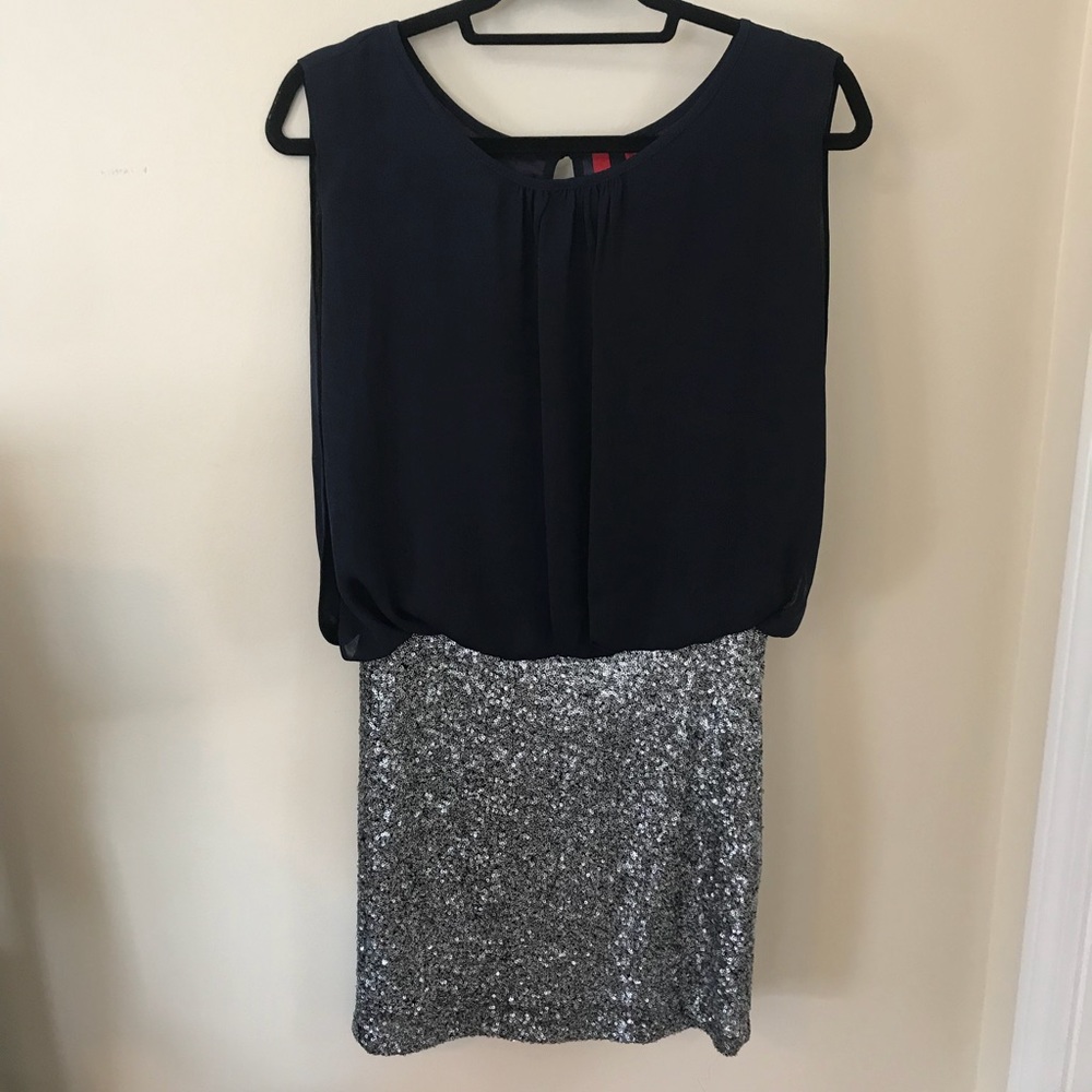 Navy cocktail dress with pewter sequins